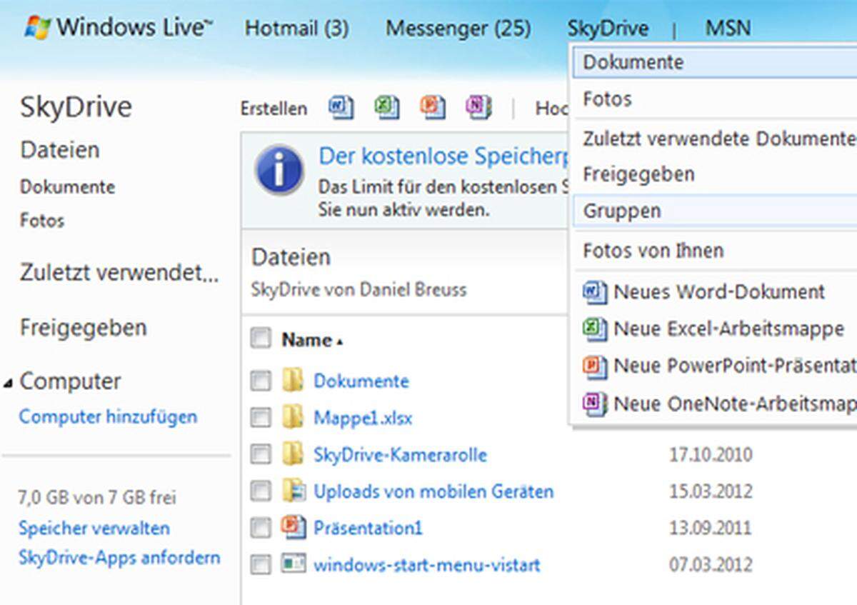 Microsofts Online-Festplatte bietet seinen Nutzern 7 Gigabyte und zahlreiche Funktionen, ist aber nur für Dateien gedacht und weniger als Foto-Sharing-Angebot wie andere. Office-Dokumente lassen sich vom heimischen PC direkt im SkyDrive speichern und so direkt von anderen Standorten nutzen. 100 Gigabyte kosten bei Microsoft nur 50 Dollar im Jahr.