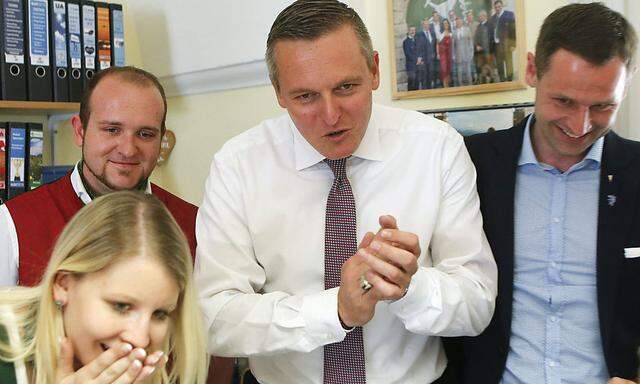 Styria province top candidate of the far right Freedom Party Kunasek looks at a computer screen in Graz