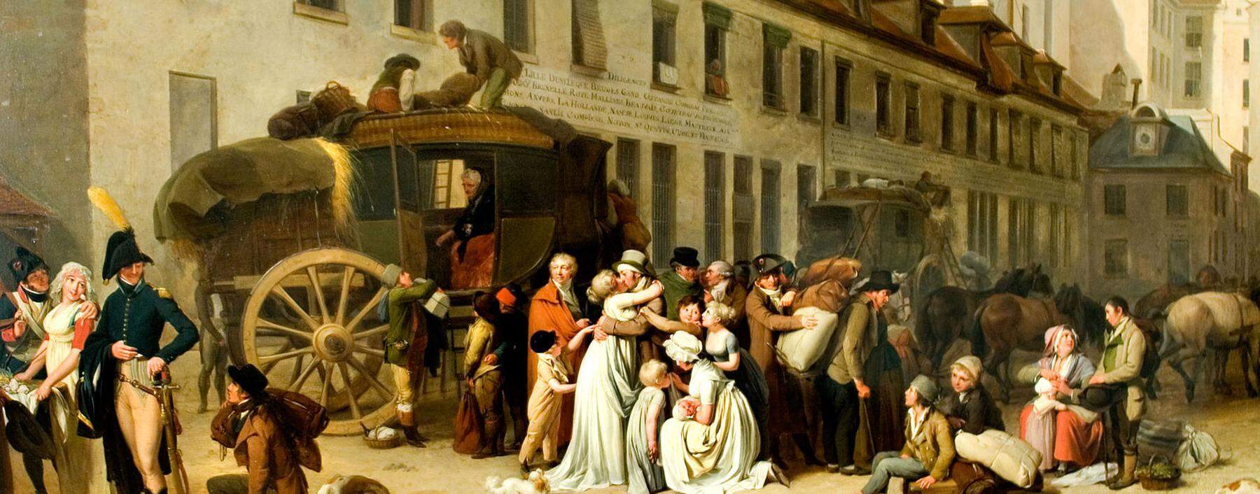 Als „verrückte, holpernde, dreckige Mistkarren“ wurden vor 1800 die ungefederten Kutschen beschimpft. „Die Ankunft der Postkutsche“ des Malers Louis-Léopold Boilly stammt aus 1803.  