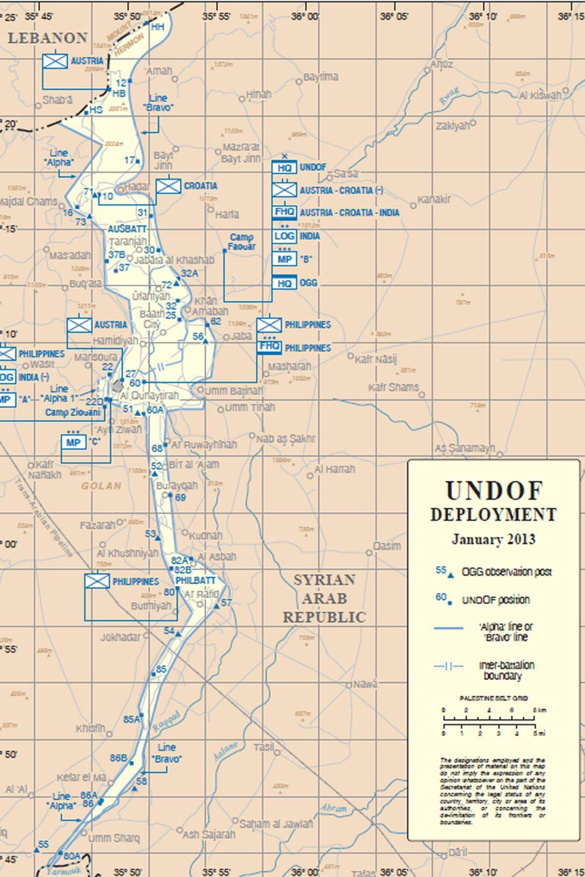 Um Konflikte zu verhindern, wurden 1974 zwei Grenzen festgelegt: Eine "Alpha-Linie" im Westen und eine "Bravo-Linie" im Osten. Zwischen diesen beiden Linien befindet sich eine Pufferzone, die von der UNDOF-Mission überwacht wird, und von keinen militärischen Kräften außer den UNO-Soldaten betreten werden darf. Die Zone grenzt im Norden an den Libanon, im Süden an Jordanien. Sie ist etwa 75 Kilometer lang und zwischen zehn Kilometer im Norden und 200 Meter im Süden breit.