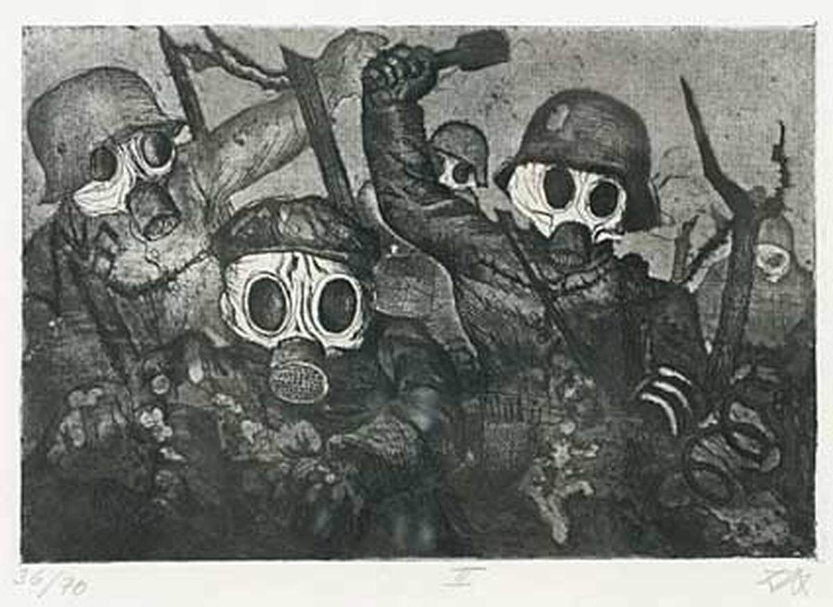 Die Schau geht von seinem großen grafischen Werk aus, das sich mit dem Ersten Weltkrieg auseinandersetzt. Sein großes Anliegen war es, den Krieg realistisch darzustellen. Die Betrachtern seiner Bilder sollten sehen, wie es gewesen war. Er wollte mit seiner Kunst nicht die Welt verändern, sondern die Gräueltaten in der Erinnerung lebendig erhalten  Im Bild: Otto Dix: "Sturmtruppe geht unter Gas vor", 1924, Aus: "Der Krieg", 1924, Grafikzyklus zu 50 Radierungen Otto Dix Stiftung, Vaduz (c) VBK Wien, 2009