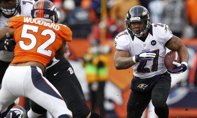 Baltimore Ravens running back Rice runs against the Denver Broncos in their NFL AFC Divisional playoff football game in Denver