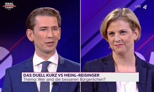 Sebastian Kurz (ÖVP) und Beate Meinl-Reisinger (Neos) im "Wahlduell" auf "Puls4" am 16. September 2019.