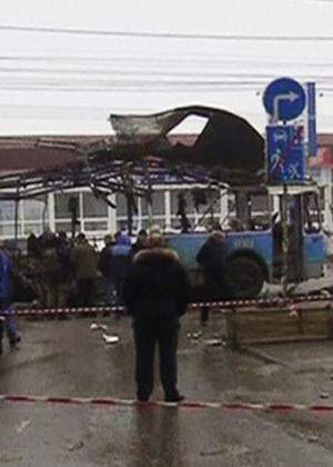 A still image taken from video shows members of the emergency services working at the site of a blast on a trolleybus in Volgograd