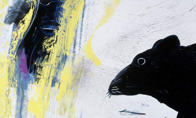  Halbe Wahrheit, halbe Ratte? Unter diesem ambivalenten Zeichen betritt man die Ausstellung von Scheibl in der Orangerie. Es wird das einzige gegenständliche Bild bleiben, „Fly“, 175 x 300 cm, 2015/16.
