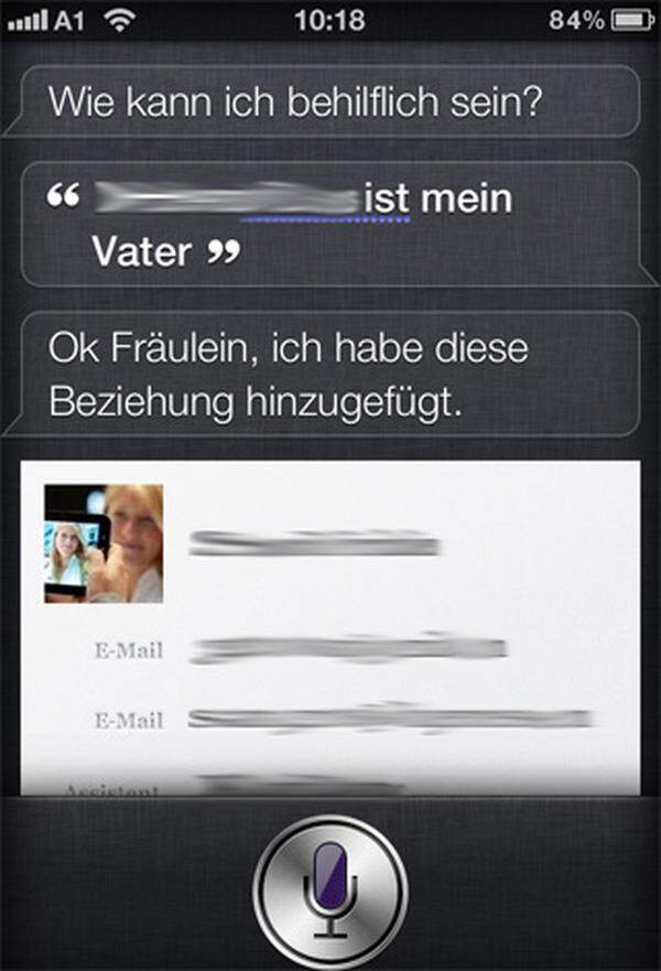 Leider funktioniert das zumindest auf Deutsch noch nicht ganz reibungslos. Im Test legte Siri statt "Vater" die Beziehung "Ehepartner" und statt "Freund" die Beziehung "Manager" an. Manuell bearbeiten lässt sich dieses Feld im Kontakt nicht. Immerhin: Die Aussage "SMS an meinen Ehepartner" erzeugte eine neue Nachricht an den Vater.