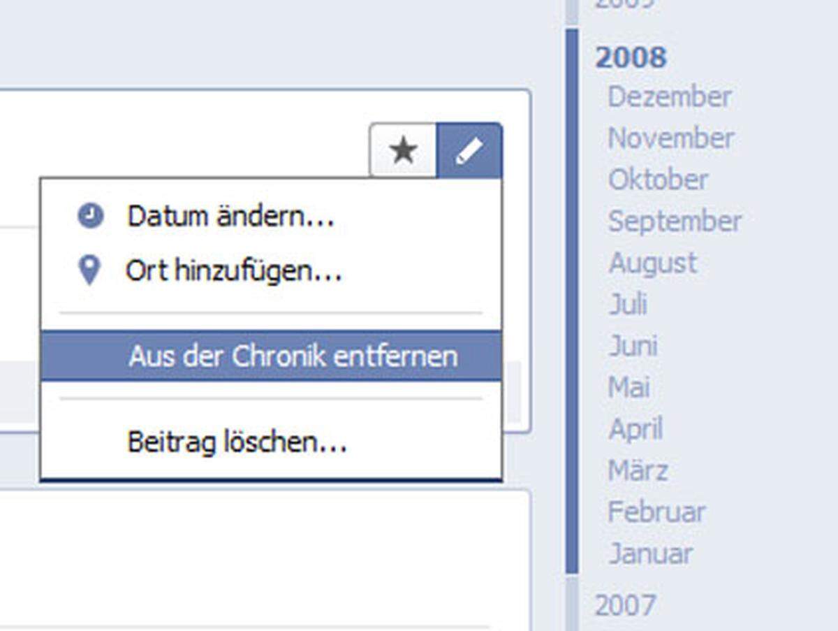 In der neuen Timeline/Chronik tauchen aber vielleicht auch ältere Beiträge auf, die man heute nicht einmal mehr der besten Freundin zeigen möchte. Hier beginnt die mühsame Kleinarbeit. Auf der rechten Sete des neuen Profils sind Jahreszahlen sichtbar. Es lohnt durchaus, jede davon einmal anzuklicken und über alle alten Beiträge zu scrollen - was nicht mehr gefällt, kann einzeln aus der Chronik entfernt oder überhaupt gelöscht werden.