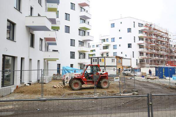 Unter der Woche herrscht reges Leben in der Seestadt. Kräne heben Lasten hoch, Fenster werden eingesetzt und wer Pech hat, wird morgens dadurch aufgeweckt, dass die Kranscheinwerfer direkt ins Schlafzimmer leuchten.