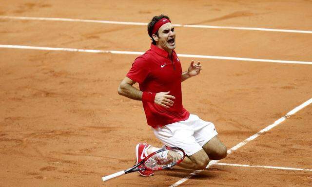 Switzerland's Roger Federer reacts after he defeated France's Richard Gasquet during their Davis Cup final singles tennis match at the Pierre-Mauroy stadium in Villeneuve d'Ascq