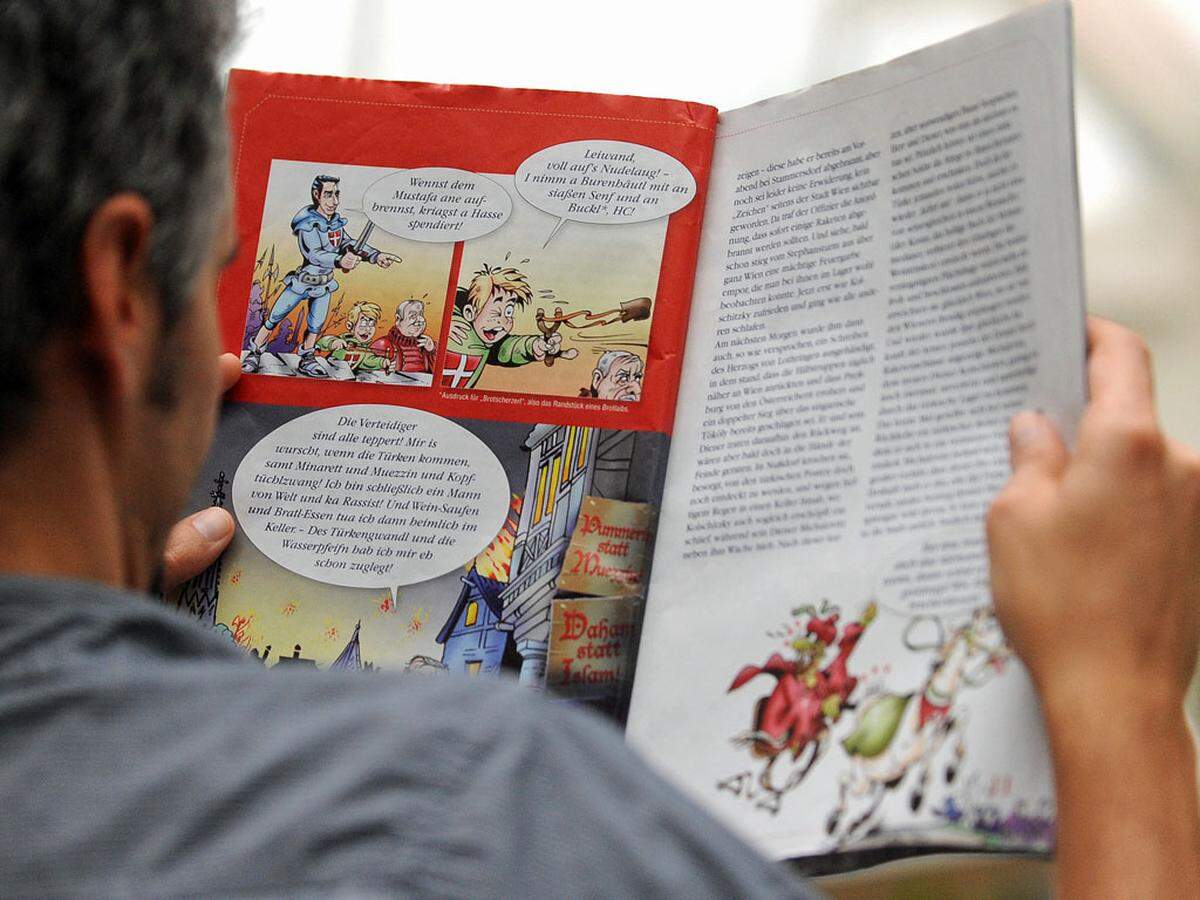 Gleich mehrere Comics sorgten im Wahlkampf für Aufregung: Die FPÖ versandte "Sagen aus Wien", in denen unter anderem ein Bub aufgefordert wird, einem Türken ("Mustafa") mit der Steinschleuder eine "aufzubrennen".