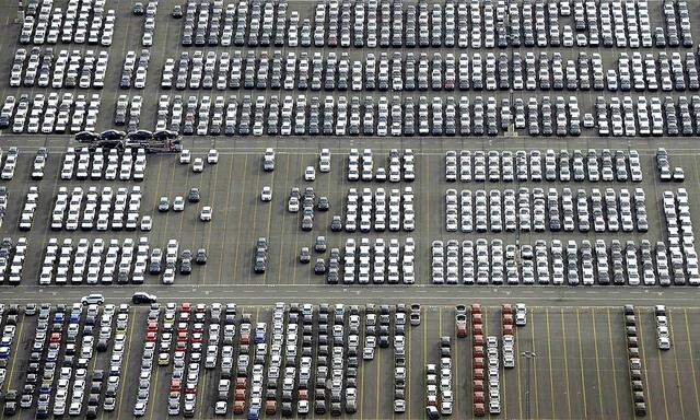 Cars for export stand in shipping terminal at harbour in  Bremerhaven