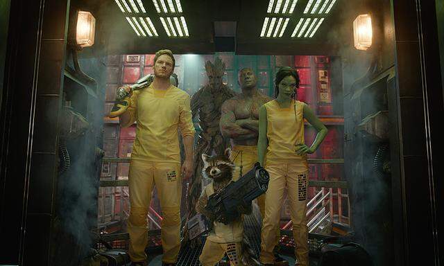 Die ''Guardians of the Galaxy'': Star-Lord/Peter Quill (Chris Pratt), Groot ( im englischen Original von Vin Diesel gesprochen), Rocket Racoon (im englischen Original von Bradley Cooper gesprochen), Drax the Destroyer (Dave Bautista) and Gamora (Zoe Saldana) 