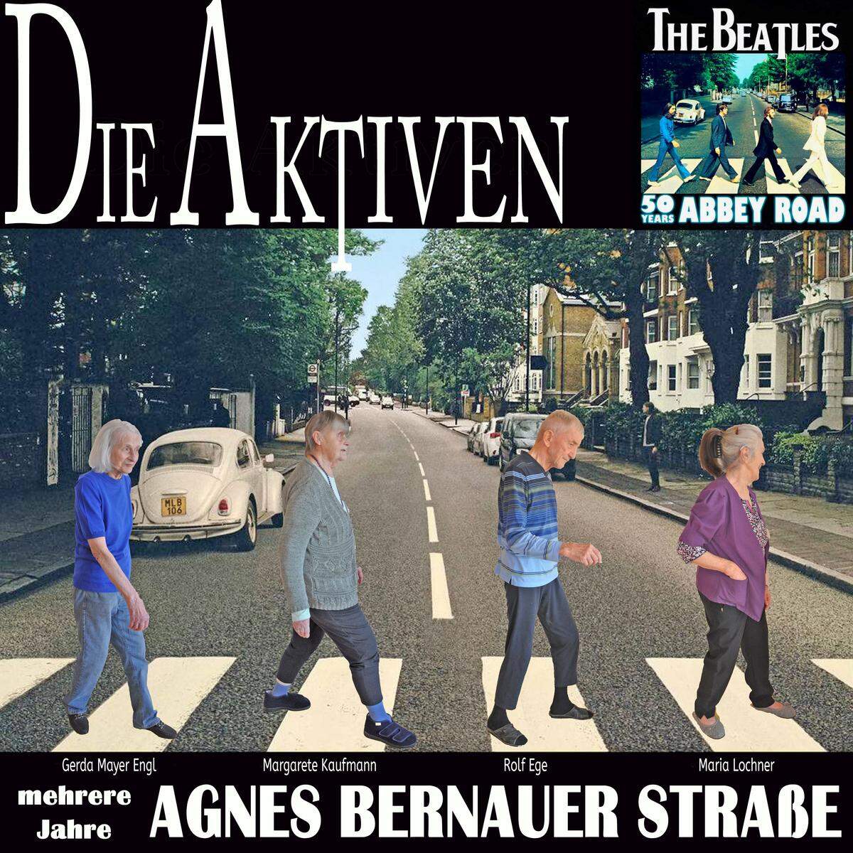Anstatt über die Abbey Road, marschieren "Die Aktiven" auf diesem Cover über die Agnes-Bernauer-Straße. Das Beatles-Album "Abbey Road" kam 1969 heraus.