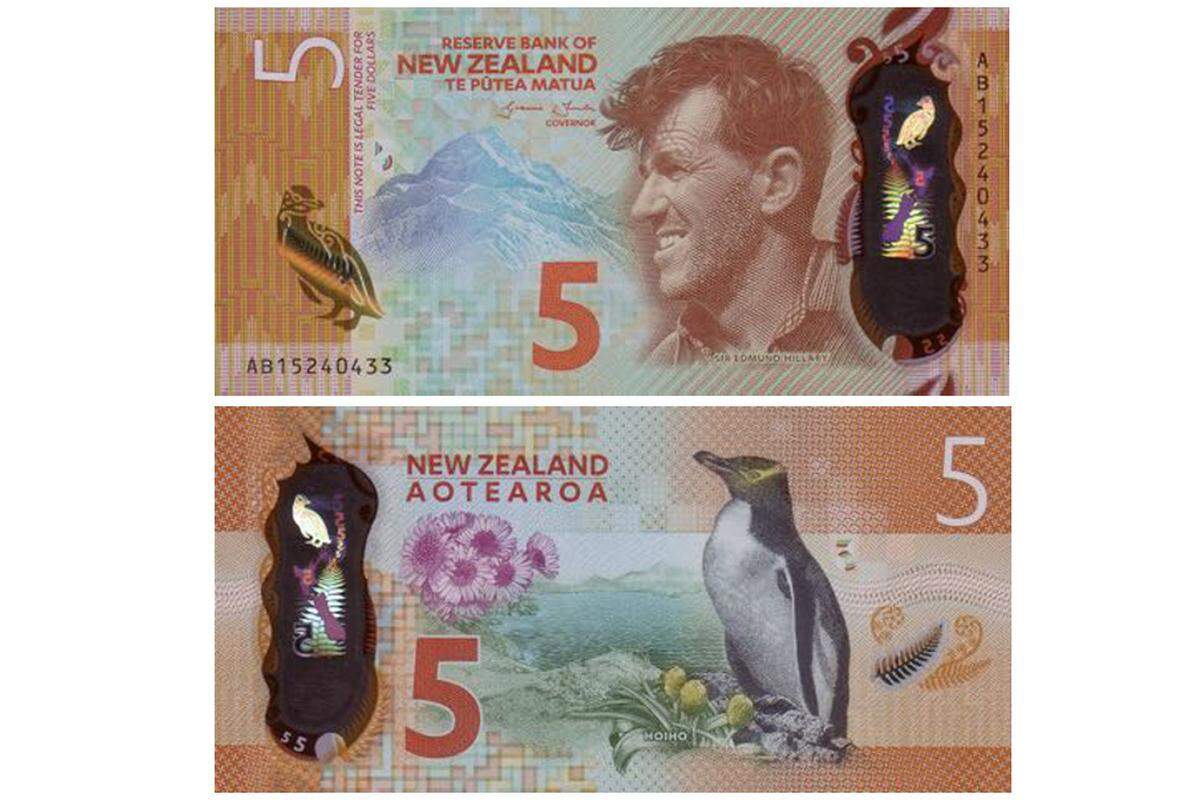 Die schönste Banknote des Jahres 2015 kommt aus Neuseeland. Der Fünf-Dollar-Schein zeigt den Everst-Erstbesteiger Sir Edmund Hillary vor dem Mount Cook in Neuseeland. Die Rückseite ziert ein Pinguin.