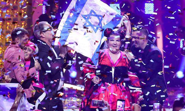 LISBON PORTUGAL MAY 13 2018 Singer Netta Barzilai R representing Israel wins the Grand Fina
