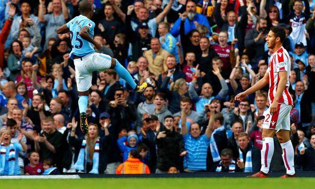 Manchester City v Stoke City Premier League Fernandinho of Manchester City celebrates scoring his te