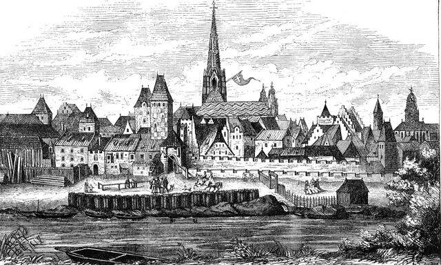 Wien im frühen Mittelalter von der Donau aus gesehen. 
