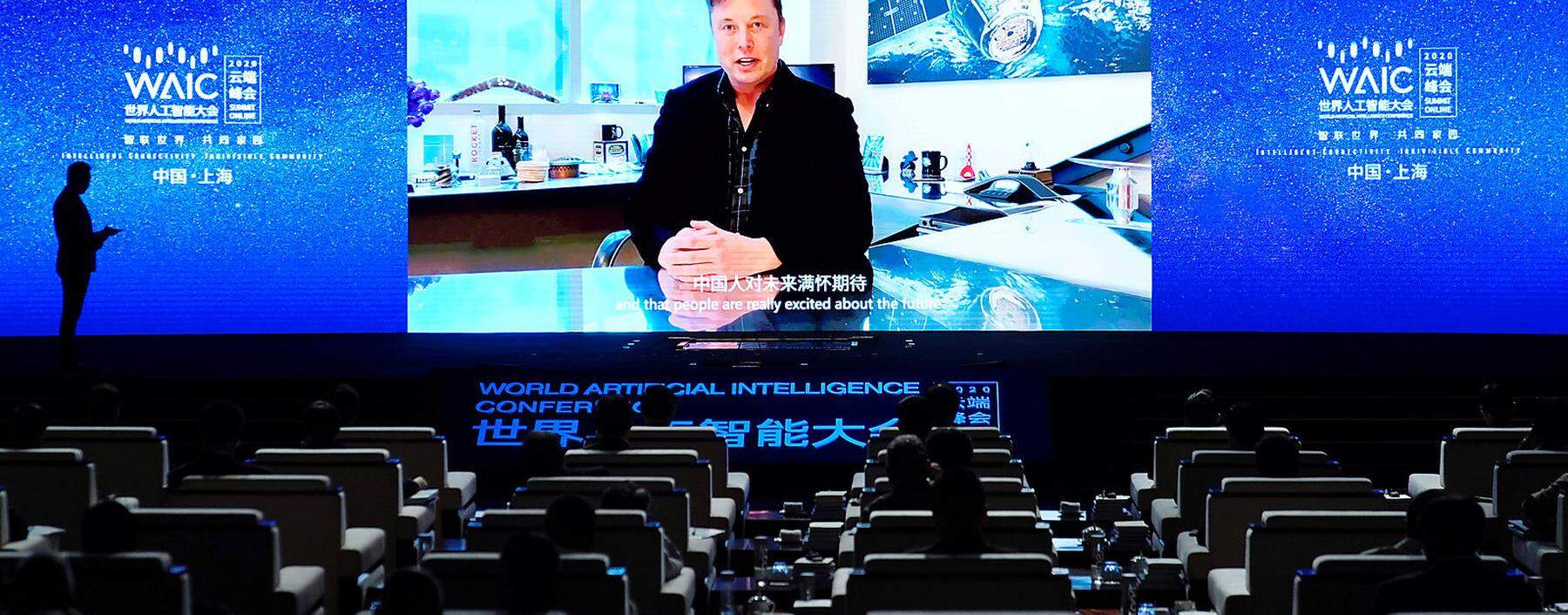 Elon Musk bei einer Liveschaltung zur World Artificial Intelligence Conference vergangene Woche
