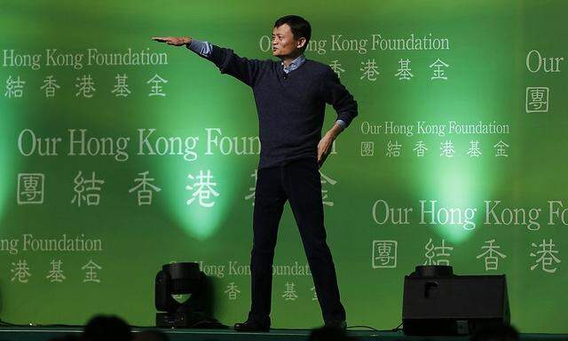 Alibaba Group Holding Ltd chairman Jack Ma gestures during a talk by Our Hong Kong Foundation in Hong Kong