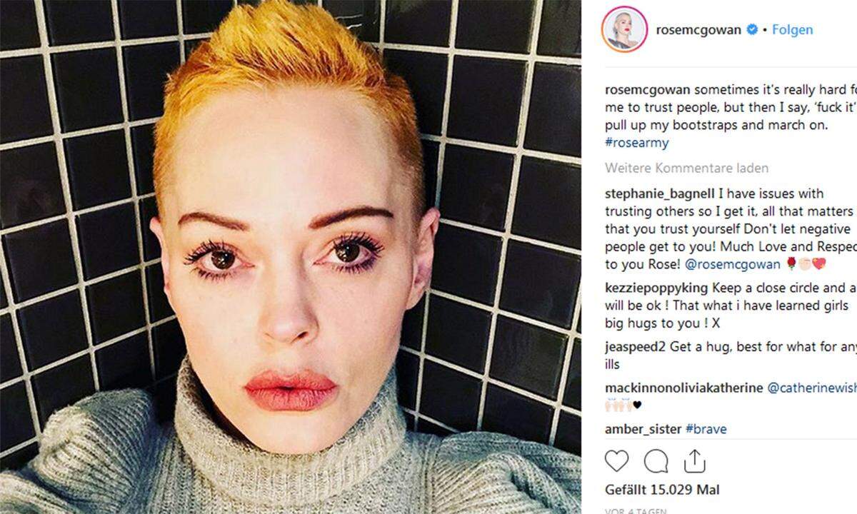 Wie ein Blick auf ihren Instagram-Account verrät, ist ihr neues Styling offensichtlich von der Eurythmics-Sängerin Annie Lennox inspiriert. Die Schauspielerin brachte im Oktober 2017 mit ihren öffentlichen Vorwürfen gegen Harvey Weinstein den Skandal um den einst mächtigsten Filmproduzenten der USA ins Rollen.