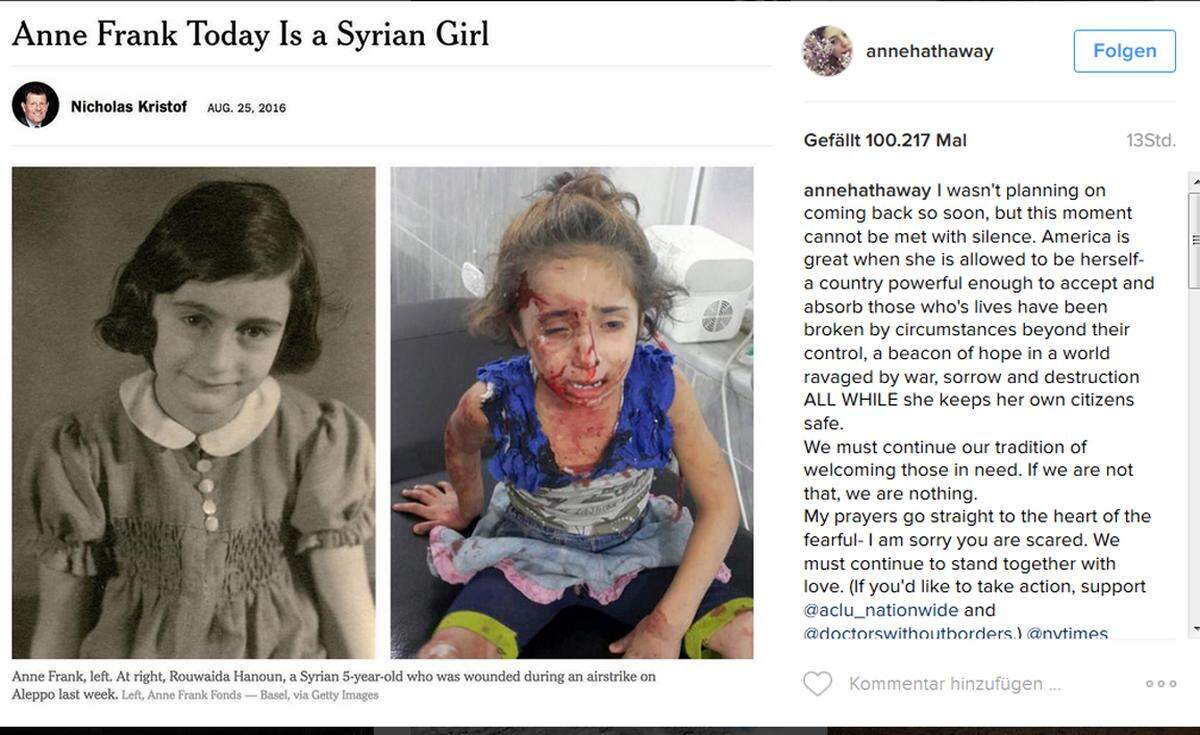 Anne Hathaway vergleicht syrische Mädchen mit Anne Frank.