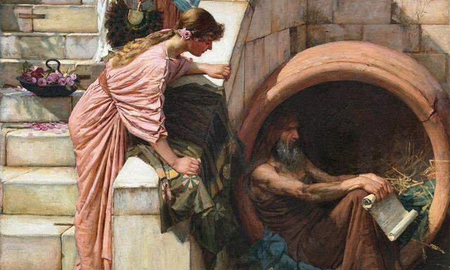 Man kann auch in einem Fass glücklich sein: Der griechische Philosoph Diogenes – gemalt 1882 vom englischen Präraffaeliten John William Waterhouse.