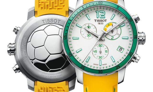  Tissot Quickster Football: Das ist der quarzgesteuerte Fußball-Chronograf für den kleinen Buben. Sein Uhrwerk ermöglicht die Messung der beiden Halbzeiten und auch der Nachspielzeiten. Neben der hier gezeigten Gelb-Schwarzen werden Ausführungen in Blau, Rot, Silber und Schwarz angeboten Preis: 325 Euro.