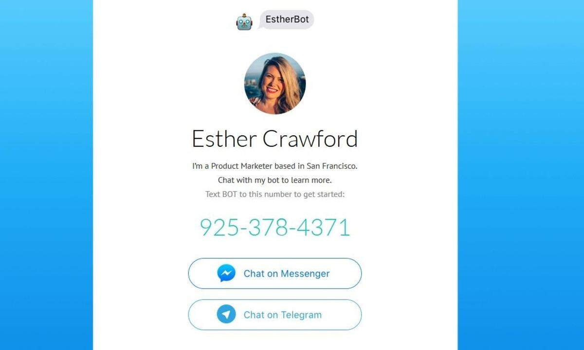 Esther Crawford präsentierte ihren Lebenslauf via Chat-Bot. Unternehmen können so Fragen an die Bewerberin stellen, die der Chat-Bot dann automatisch beantwortet.