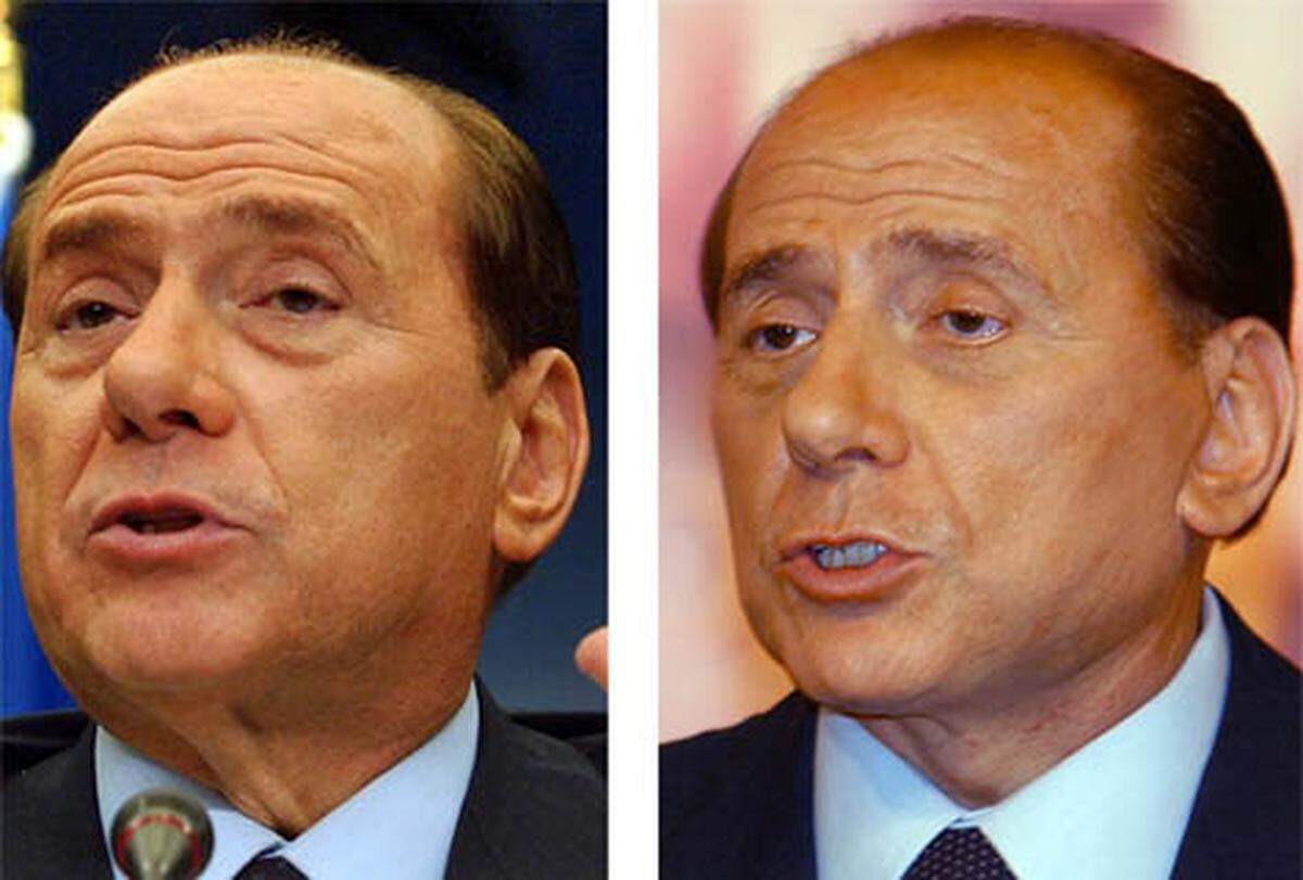 Ein paar Monate zuvor hatte er sich liften lassen (im Bild links: vorher; rechts:nachher). "Nur unter den Augen", wie Berlusconi sagte. Experten wollten aber auch einen strafferen Hals entdeckt haben.