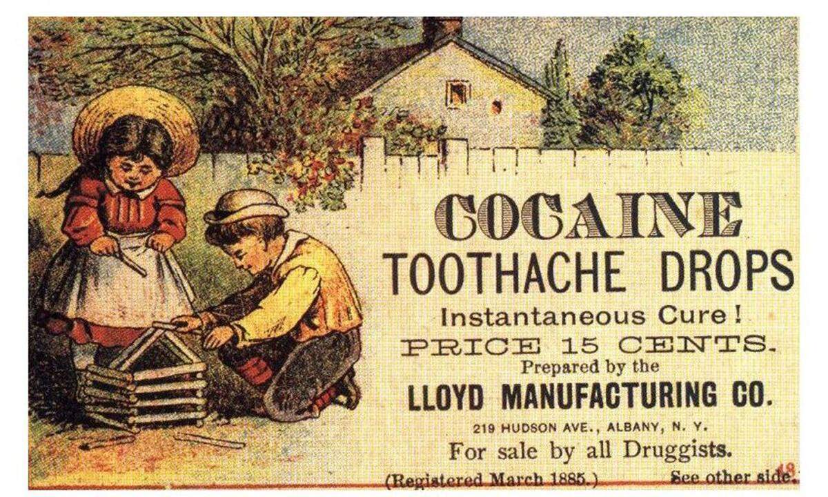 Kokain Dragees zur Zahnpflege; Die medizinischen Anwendungsgebiete von Kokain waren um die Jahrhundertwende sowohl in Europa als auch in Amerika vielfältig. Heute gilt es als "harte Droge".