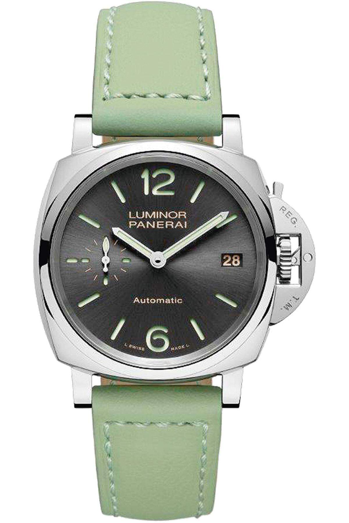 Panerai, "Luminor Due 3 Days Automatic Acciaio": Diese Panerai-Neuheit hat einen Durchmesser von lediglich 38 mm und ein augenfälliges mintgrünes Lederarmband.