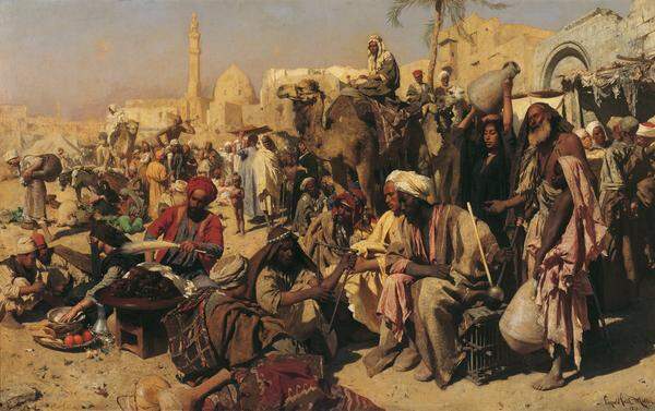 Zentrale Figur unter den österreichischen Malern im Orient war Leopold Carl Müller. Neun Monate verbrachte der Wiener in Ägypten, er schaffte während dieser Zeit zahlreiche Marktansichten, Landschaftsstudien und Figurendarstellungen.  Leopold Carl Müller, Markt in Kairo 1878