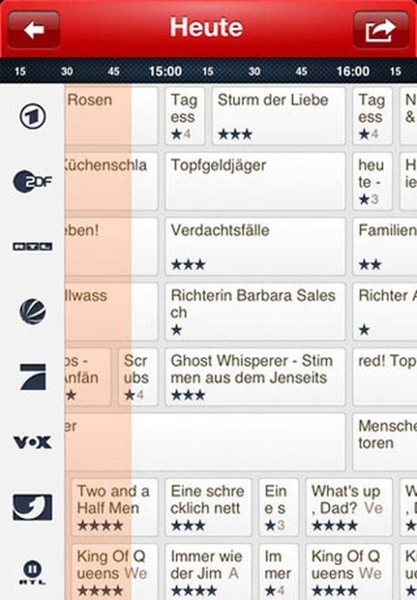 Eine der besten TV-Programm-Apps für das iPhone. Die Sender in der Übersicht können frei ausgewählt werden. Angezeigt wird immer, was zur aktuellen Uhrzeit läuft, die Zeitleiste lässt sich aber beliebig verschieben und mit einem Klick auf 20.15 Uhr festlegen. Es lassen sich zudem Erinnerungen einstellen, Rezensionen lesen, Trailer ansehen und - wenn das notwendig ist - die Daten herunterladen und offline nutzen.