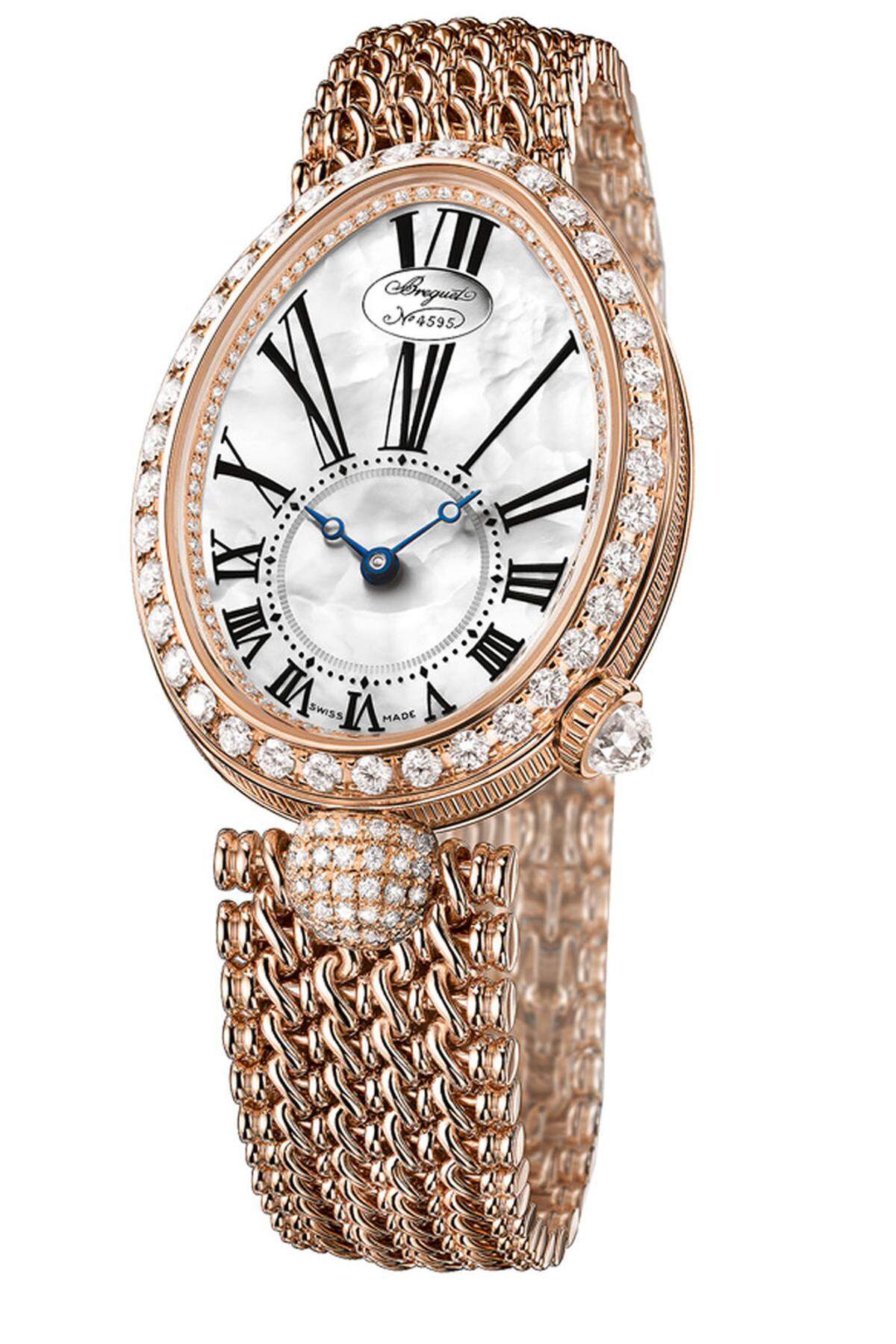 Sie glitzern und funkeln um die Wette. Diamonds – auch auf einer Armbanduhr – Are a Girl’s Best Friend.   Breguet, „Reine de Naples Mini“: Außergewöhnlich. Mit dem feingeflochtenenGoldband und den Brillantensieht sie überwältigend aus.    Text: Alexander Linz  