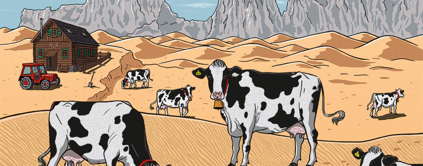  Kühe „grasen“ im  Vordergrund der  Dolomiten auf einer Sanddünenlandschaft.