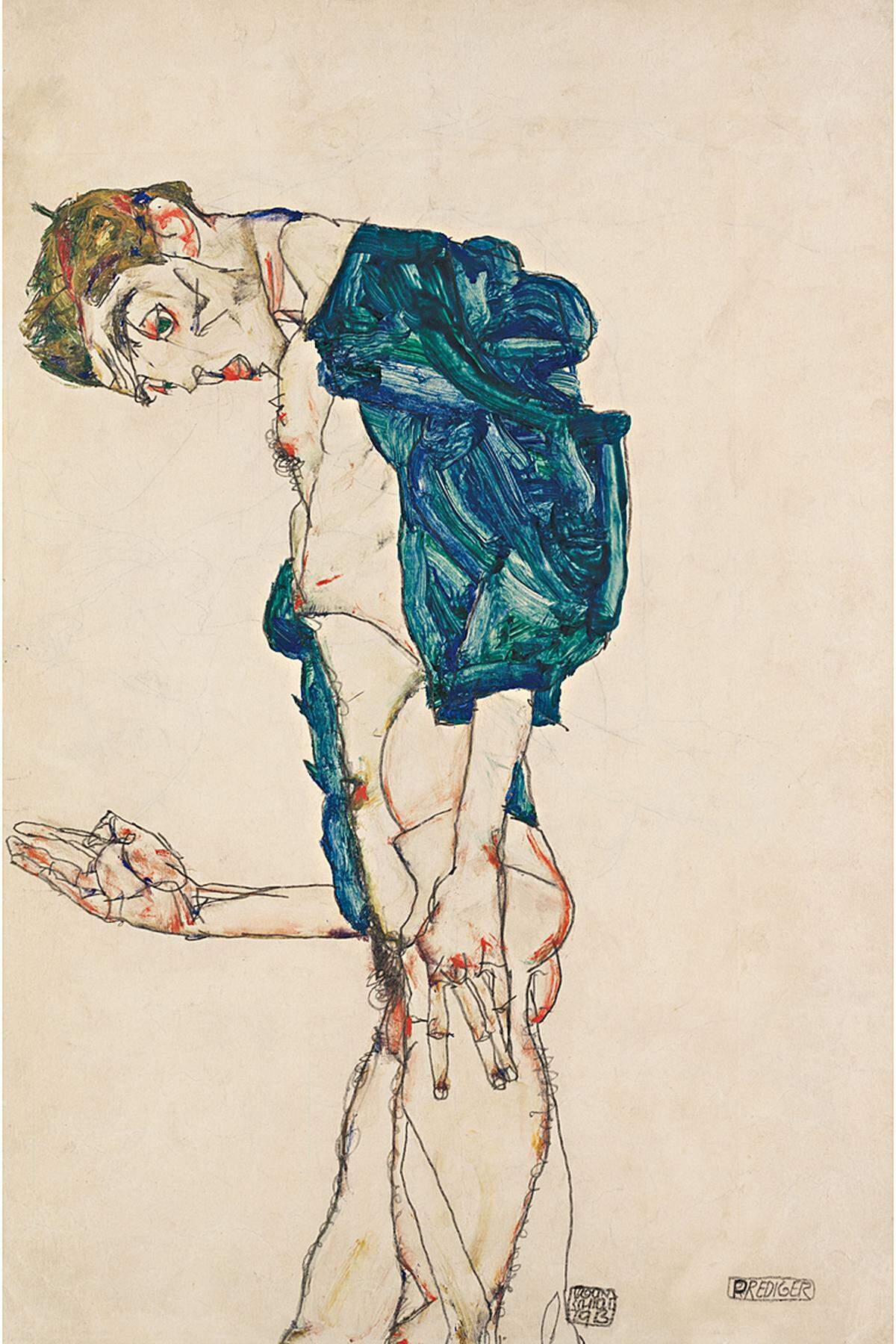 Egon Schiele, Richard Gerstl und Anton Kolig sind mit mehreren großteils hauseigenen Werken im Block "Wien um 1900" zu sehen. Im Bild: Egon Schiele, "Prediger" (Selbstakt mit blaugrünem Hemd), 1913 (c) Leopold Museum, Wien, Inv. 2365