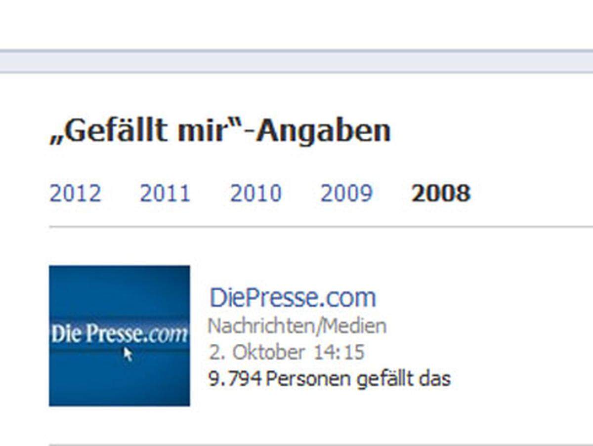 Der "Like"-Button ist auf manchen Fan-Seiten schnell betätigt und manchmal meint man es mit dem "gefällt mir" nicht ganz so ernst, sondern will zum Beispiel nur bei einem Gewinnspiel teilnehmen. Leichtfertige "Likes" findet man vielleicht später nicht mehr ganz so prickelnd. Im besten Fall ist es einem bloß peinlich, dass man früher die eine oder andere Musikband gemocht hat, in anderen Fällen könnten bestimmte Likes den neuen Chef etwas verstören. Wichtig: "Likes" von Firmenseiten sind immer für alle sichtbar. Deshalb lohnt es sich, die eigenen "Gefällt mir"-Angaben ab und an zu kontrollieren. Das geschieht am schnellsten unter www.facebook.com/nutzername/favorites im unteren Bereich der Seite.