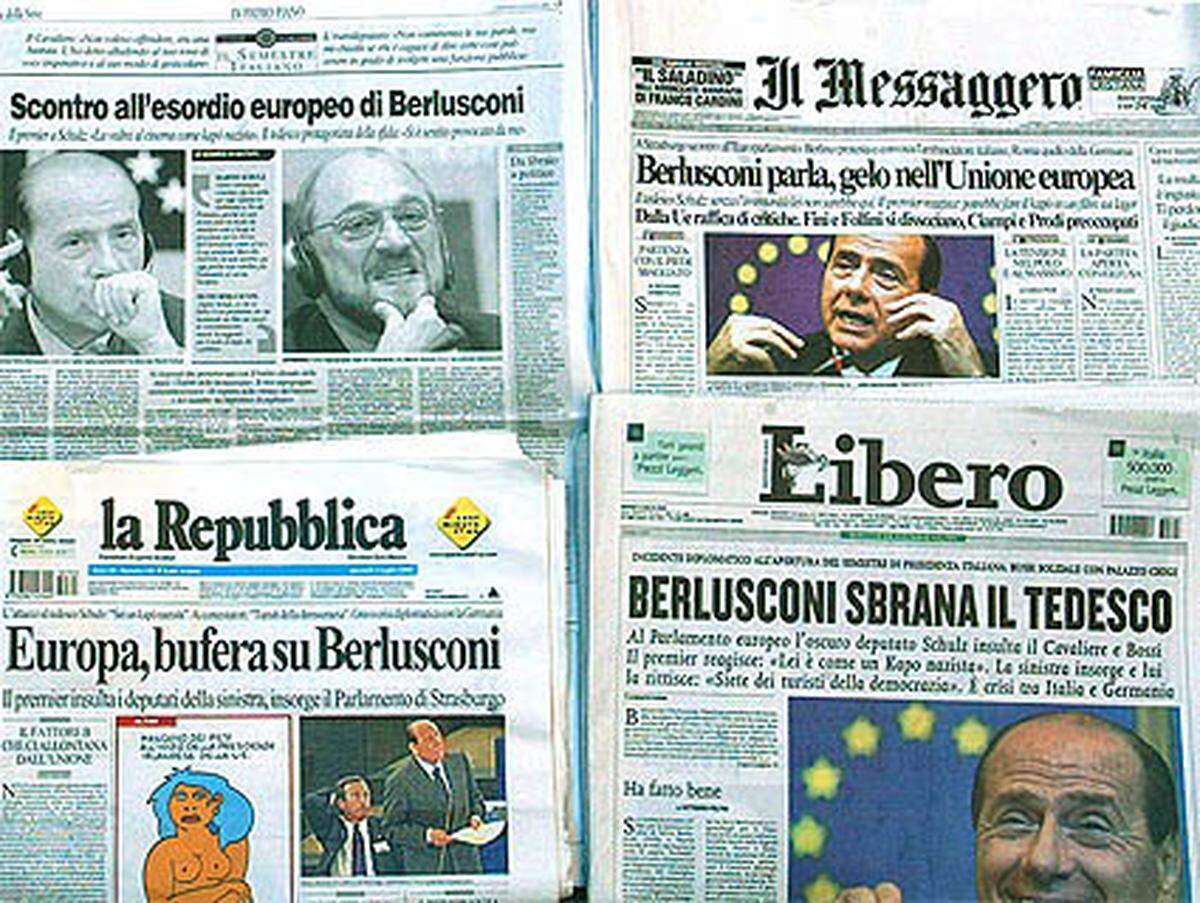 Im Juli 2003 kam es im Europäischen Parlament zum Eklat, als Berlusconi zum deutschen SP-Europaabgeordneten Martin Schulz sagte: "Herr Schulz, ich weiß, dass ein Produzent in Italien gerade einen Film über die Konzentrationslager der Nazis dreht. Ich werde Sie für die Rolle des Kapo (Lagerkommandant) vorschlagen. Sie wären perfekt."