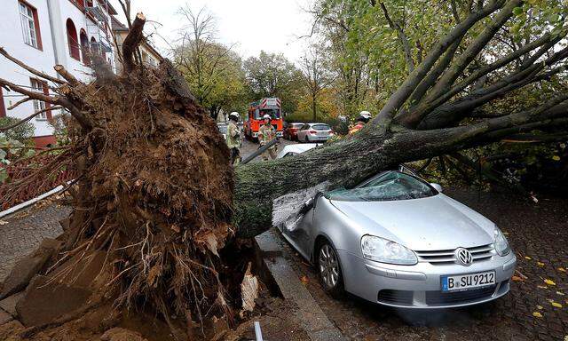 Firefighters are pictured next to a car damaged by a tree during stormy weather caused by a storm called ´Herwart´ in Berlin