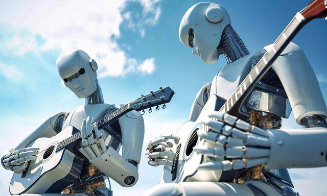 Zwei AI Android Roboter spielen Gitarre. Generative KI *** Two AI Android Robots Play Guitar generative KI Copyright: im