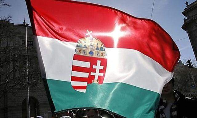 Hungarian anti-government demonstrator waves the national flag in Budapest