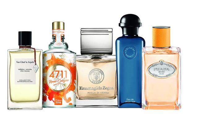 Zitrusfrüchte. „Néroli Amara“ aus der „Collection Extraordinaire“ von Van Cleef & Arpels (130 €), „Remix Cologne Edition 2018“ von 4711 (30 €), „Acqua di Neroli“ von Ermenegildo Zegna (98 €), „Eau de citron noir“ von Hermès (97 €) und „Les Infusions de ­Prada Mandarine“ von Prada (122 €).