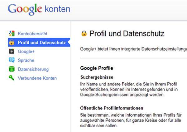 Wer sich im Internet selbst präsentiert, muss auch aufpassen, wieviel er wem preisgibt. Die Datenschutzeinstellungen bei Google+ sind leicht zu erreichen und ermöglichen auch eine Profilvorschau, die zeigt, was öffentlich sichtbar ist und was nicht. In dieser Vorschau kann man gleich ändern, welche Elemente wer sehen darf. Komplett öffentlich müssen aber Name und Geschlecht sein. Private Profile, die nicht in Suchergebnissen aufscheinen, erlaubt Google nur noch bis 31. Juli. Immerhin kann man abstellen, dass man auch per Google-Websuche gefunden wird.