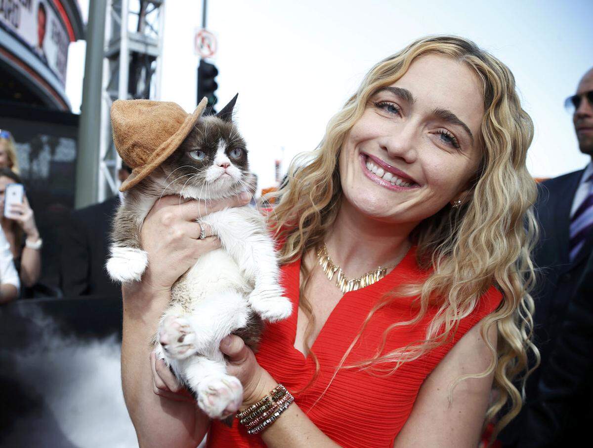 Ein vierbeiniger Stars beehrte die MTV Movie Awards am Wochenende in Los Angeles. Internet-Sensation Grumpy Cat kam mit Besitzerin trug einen Hut.