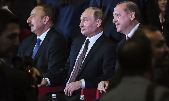 Drei Präsidenten bei der Eröffnung des Weltkongresses für Energie: Ilham Aliev (Aserbaidschan), Wladimir Putin (Russland) und Recep Tayyip Erdogan (Türkei).