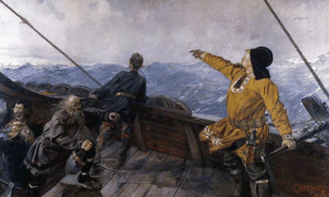 Leif Eriksson entdeckt Amerika. Gemälde des norwegischen Malers Christian Krohg (1852–1925). 