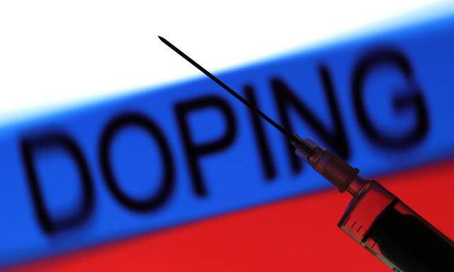 Symbolbild zum Doping Skandal im russischen Flagge Russland s mit Schriftzug Doping und Nadel einer
