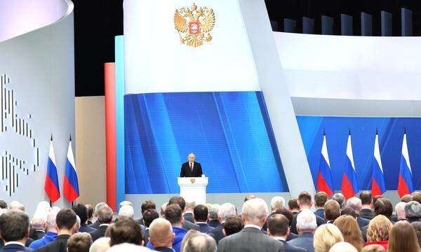 Putin Ende Februar bei seiner Rede zu Lage der Nation, auf einem vom Kreml veröffentlichten Bild. 