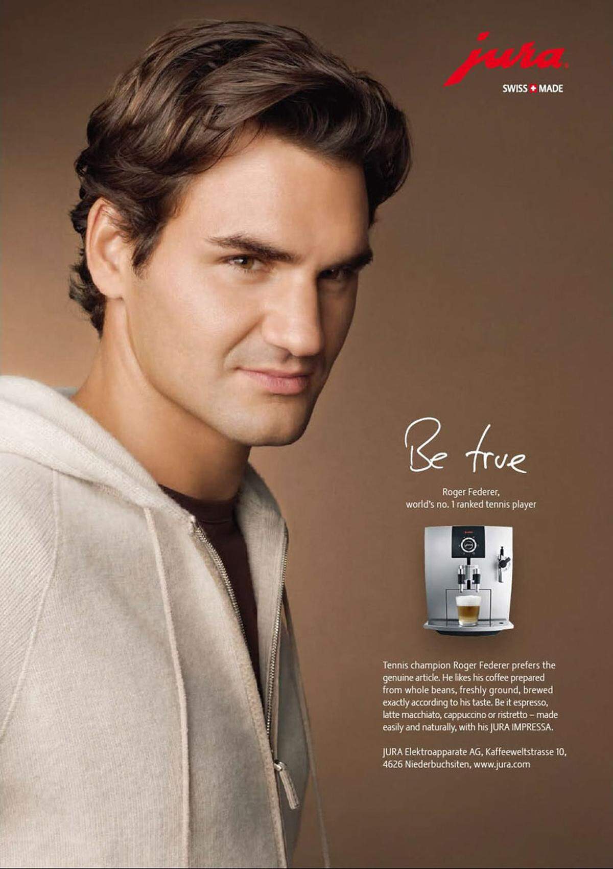 Roger Federer setzt sich für den Schweizer Kaffeemaschinenhersteller Jura ein.