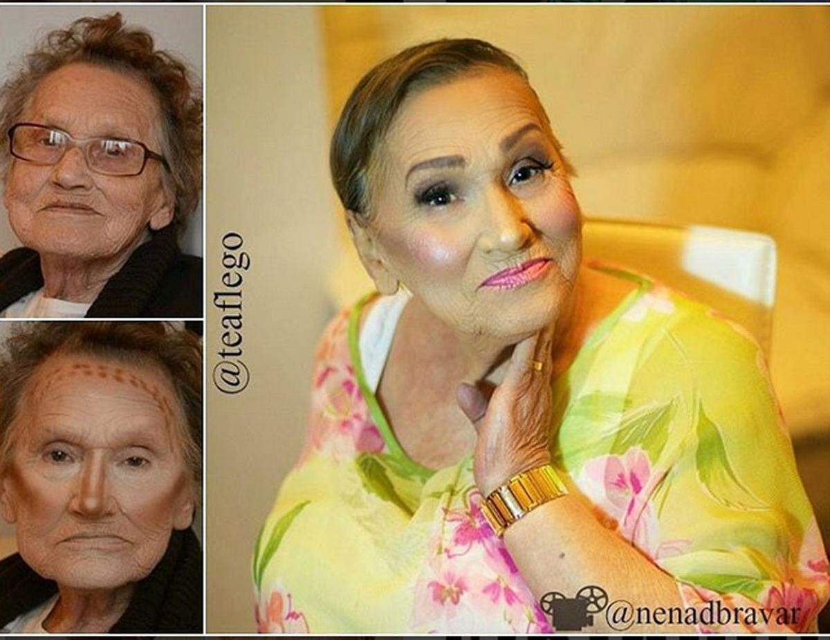 Die 80-Jährige sieht durch die Contouring-Künste ihrer Enkelin total verwandelt und 20 bis 30 Jahre jünger aus. 